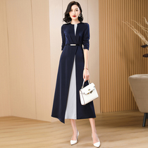 Navy blue patchwork dress 2022 autumn new high-end temperament foreign atmosphere thin age reduction big pendulum skirt