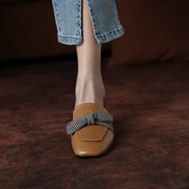2021 spring and autumn new shallow mouth leather single shoes womens sweet bow flat summer loafers square head womens shoes