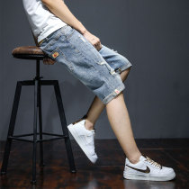 Mens denim shorts tide brand loose five-point summer thin casual hole 5-point pants mens Korean version of the trend