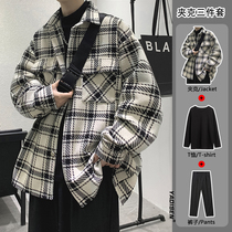 Small fragrant fried street jacket mens ins leprosy handsome mens wear a set of spring plaid woolen coat high-end sense of luxury