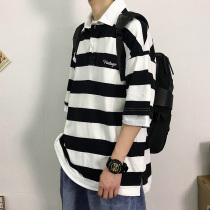 Striped Polo shirt Mens fashion brand short-sleeved T-shirt with Port wind Japanese half sleeve loose lapel summer 5-point sleeve T-shirt