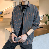 2021 autumn mens shirt stripes Korean trend loose size sports long sleeve casual shirt handsome inch shirt