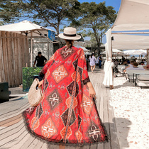  Chiffon beach sunscreen cardigan long-sleeved seaside vacation mid-length thin outer shawl swimsuit hot spring jacket