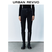 UR2022 Winter New Womens Black High Waist Small Pants Tight Jean Trousers WL43SBUN2005