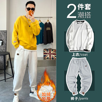 Fake two sweaters mens loose light cooked plus velvet Sports mens a suit with Ruffian handsome autumn and winter two-piece set