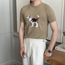 Moe mens summer thin ice silk short sleeve T-shirt mens Korean version of slim puppy jacquard sweater body shirt