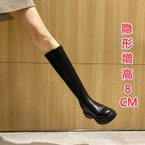 Small guy inside heightening long cylinder boots woman 2022 new thick bottom leather boots though kneecap genuine leather rider boots black long boots