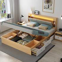 High box storage bed Log color small apartment bedside with night light box drawer bed storage pneumatic box hydraulic bed