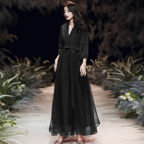 High-end plus size small evening dress dress banquet women fat mm thin senior texture art Test black long costume winter