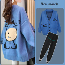 Pregnant women autumn set fashion new 2021 Spring and Autumn wear thin belly cartoon cardigan small sweater