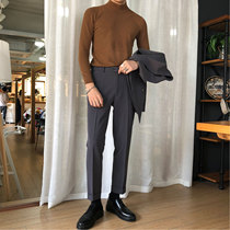 Autumn micro-elastic trousers mens British retro casual suit pants Korean slim straight tube hemming trousers non-hot tide