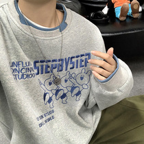 Fake two-piece sweater mens autumn trend bear embroidery loose crew neck top dress Hong Kong trend brand small fresh coat