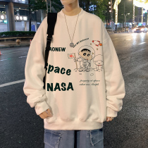 Sweater mens autumn and winter ins loose trend Hong Kong style large size coat Tide brand plus velvet cartoon print round neck jacket