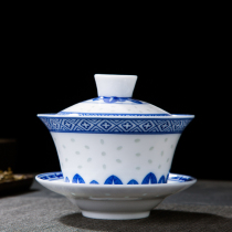 Gai bowl tea cup tea bowl blue and white Linglong Jingdezhen blue and white porcelain tea bowl ceramic white porcelain kung fu three talent Bowl single