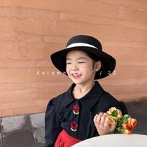 22 Autumn Korean Childrens Black Retro Shirt Puff Sleeve Top Loose Cute Embroidered Shirt Jacket