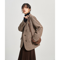 Thousand bird grid retro suit woolen jacket ladies loose autumn and winter new cotton padded plaid casual small suit