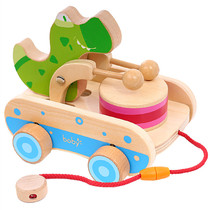 Childrens drag toy drawstring rope handcart baby 1-2-3 years old music crocodile drum toy wooden car