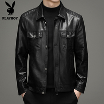 Playboy leather mens coat spring and autumn thin lapel leather jacket middle-aged men Puskin slim machine suit