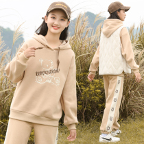 Cute hooded plus velvet vest 2021 new spring and autumn winter girls Big children high school junior high school students winter clothes