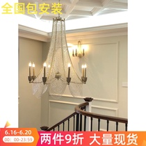  American crystal living room lamp Retro restaurant Hotel personality duplex building large chandelier Villa staircase long decorative chandelier