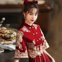 Toast suit Bride summer wine red Xiuhe suit Chinese stand-up collar wedding cheongsam engagement return dress Female thin