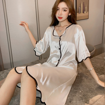 Ice Silk Nightdress Women Summer Thin 2021 New Long Half Sleeve Sexy Silk Pajamas Cardigan Plus Size Pregnant