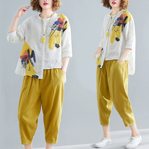 Large size cotton and linen casual suit womens linen fashion 2021 summer new loose foreign style Harlan pants two-piece set
