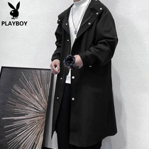 Playboy spring and autumn dark wind tooling windbreaker mens long large size leisure Tide brand over the knee mens coat