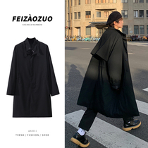 Wind coat mens spring and autumn long knee black high-end British style jacket loose tide card coat clothes