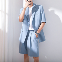 Summer thin suit suit mens jacket small suit Ruffian handsome tide brand casual short-sleeved shorts Blue two-piece set