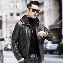 Genuine leather jacket mens fur all-in-one mens mink liner short hooded trendy leather jacket mink jacket winter