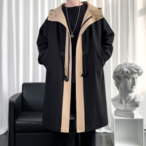 Autumn new windbreaker mens Hong Kong style loose hooded over-the-knee coat Korean version of the trend personality contrast color medium-long coat