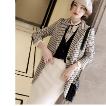 Paris-style elegant inlay temperament color beige checkerboard medium long two buckle slim wool suit spring