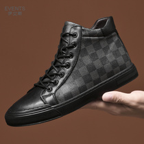  High-top casual shoes mens trendy leather plaid board shoes mens 2021 autumn and winter wild Korean version plus velvet warm mens shoes