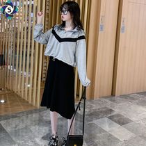 Fashion set Spring and Autumn small fragrant wind hooded short sweatshirt womens vest dress large size age hidden meat two-piece set