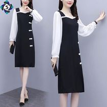 Improved version of cheongsam plus size womens spring retro small black dress slim chiffon stitching temperament jumpsuit dress dress