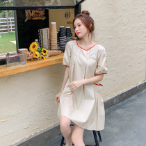  Fat sister skirt summer large size simple pleated contrast color loose meat cover short fresh white pocket dress