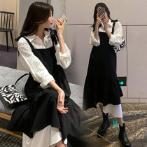 Autumn dress new belt skirt high sense French suspender skirt two-piece pregnant women dress foreign style long skirt set tide