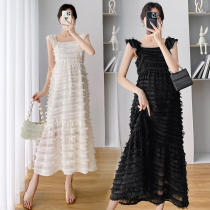 Pregnancy Woman Dress Summer New long dress Small flying sleeves Flow Su Fashion Temperament Vest Pregnancy Summer Dress Square Collar Dress