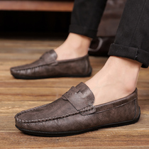 Tide brand casual leather shoes mens leather soft bottom 2021 summer new Korean trend one pedal breathable Bean shoes
