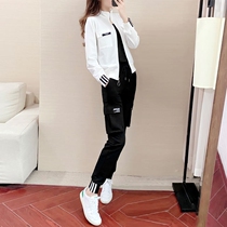 Hong Kong autumn leisure sportswear suit women 2021 New loose foreign style hip hop sweater overalls two-piece pants