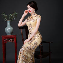 Fishtail cheongsam 2021 new improved retro slim-fitting lace Chinese style dress annual meeting yellow catwalk performance suit