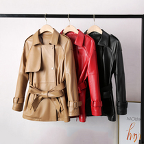 Leather leather womens windbreaker medium-length Haining 2021 autumn new belt waist thin sheepskin single jacket
