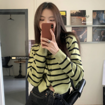 Green striped knit cardiovert open spring inner lap blouse Lazy Wind Long Sleeve Cardiovert Sweatshirt Retro Short sweater jacket woman