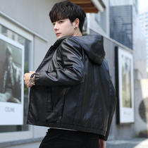 Leather mens coat Spring and autumn soft leather jacket mens fashion Korean version of handsome hooded motorcycle velvet autumn and winter clothes