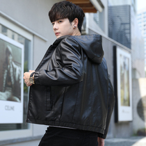 Leather mens coat Spring and autumn soft leather jacket mens fashion Korean version of handsome hooded motorcycle velvet autumn and winter clothes
