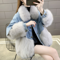 Guiwei 2021 new fox fur coat female stitching denim Pike dress long loose winter Korean version