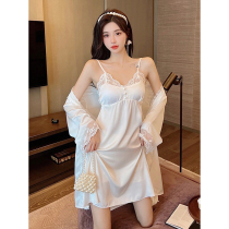 Sexy Sleepwear Womens Summer Ice Silk Thin with Chest Cushion Sleeping Dress White Lace Lace Harnesses Sleeping Robes Two Suits