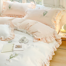 Gentle Wind Ins washed cotton beds Four pieces of Princess Wind Princess Wind Quilt bed linen bed Teenage Girl Light Extravagant and High-end Bed 4