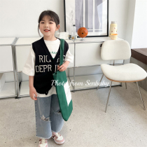senbaby girl spring clothing waistcoat for children Han Fan letters vest baby knit cotton yarn sleeveless cardio-hoodie jacket
